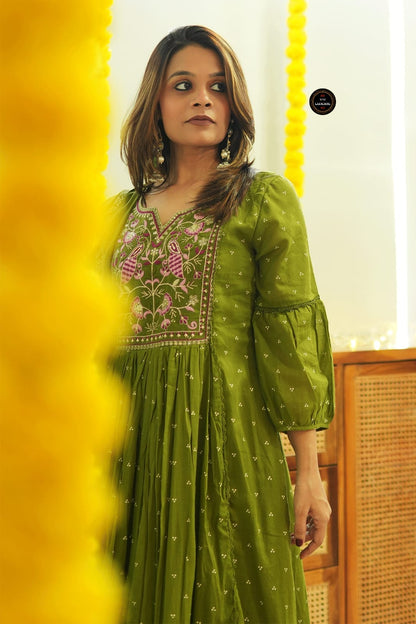 Olive Green Embroidered Cotton Anarkali Kurta
