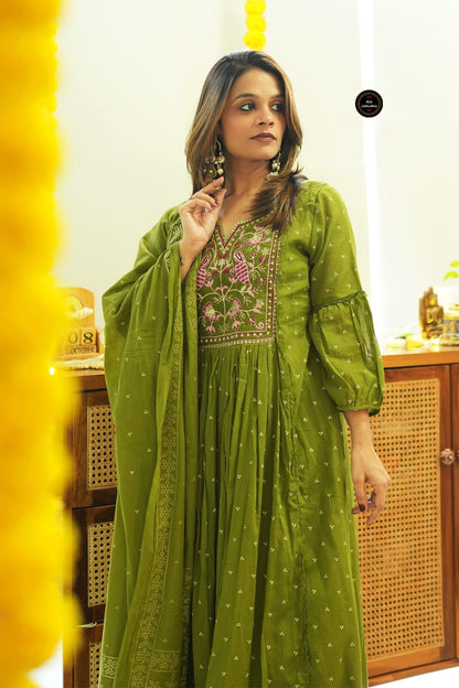 Olive Green Embroidered Cotton Anarkali Kurta