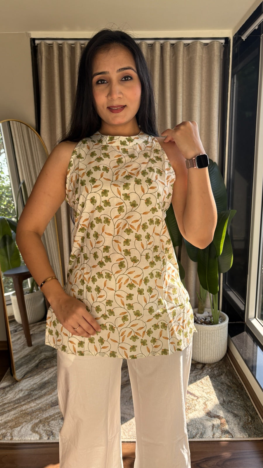 Off White Leaf-Print Sleeveless Cotton Top