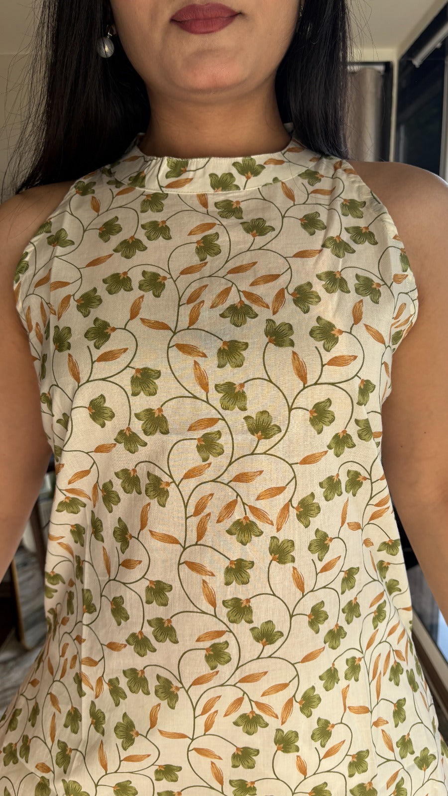 Off White Leaf-Print Sleeveless Cotton Top