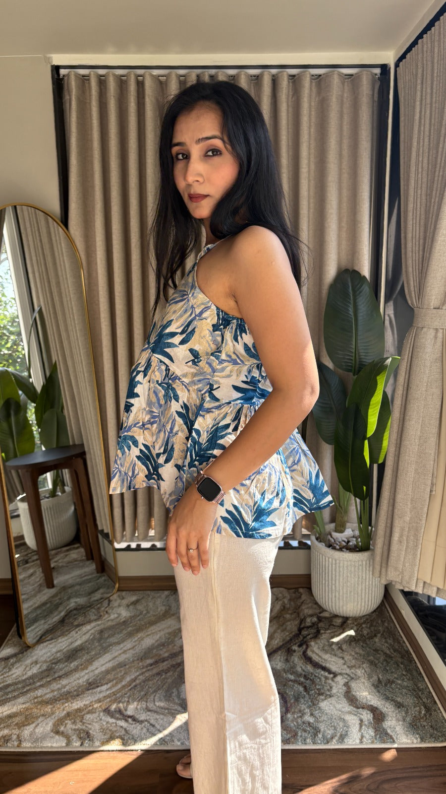 Blue Leaf Print Sleeveless Peplum Cotton Top