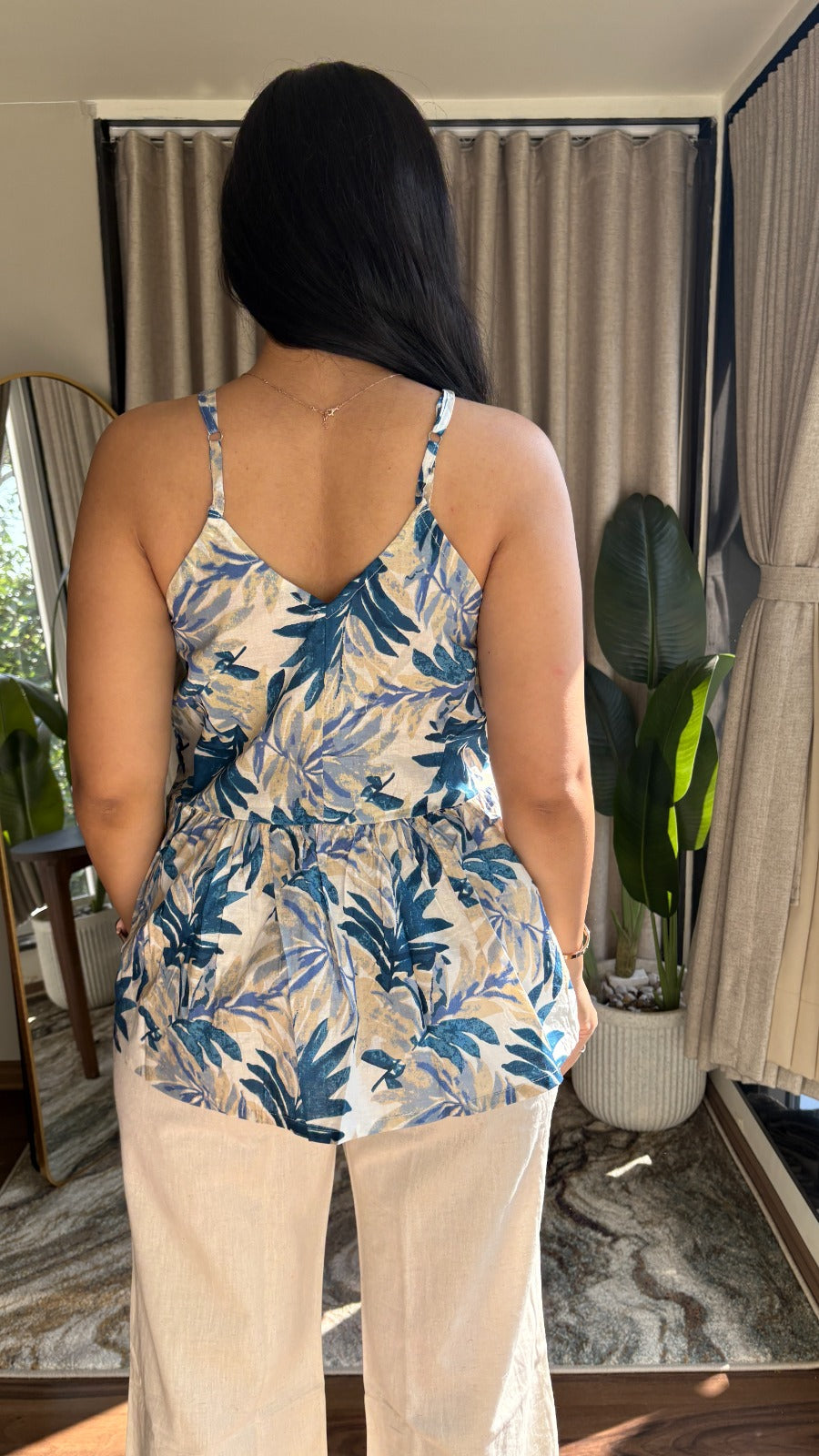 Blue Leaf Print Sleeveless Peplum Cotton Top