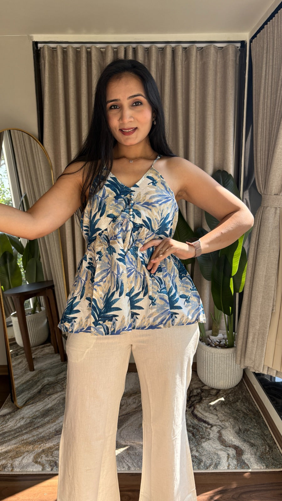 Blue Leaf Print Sleeveless Peplum Cotton Top