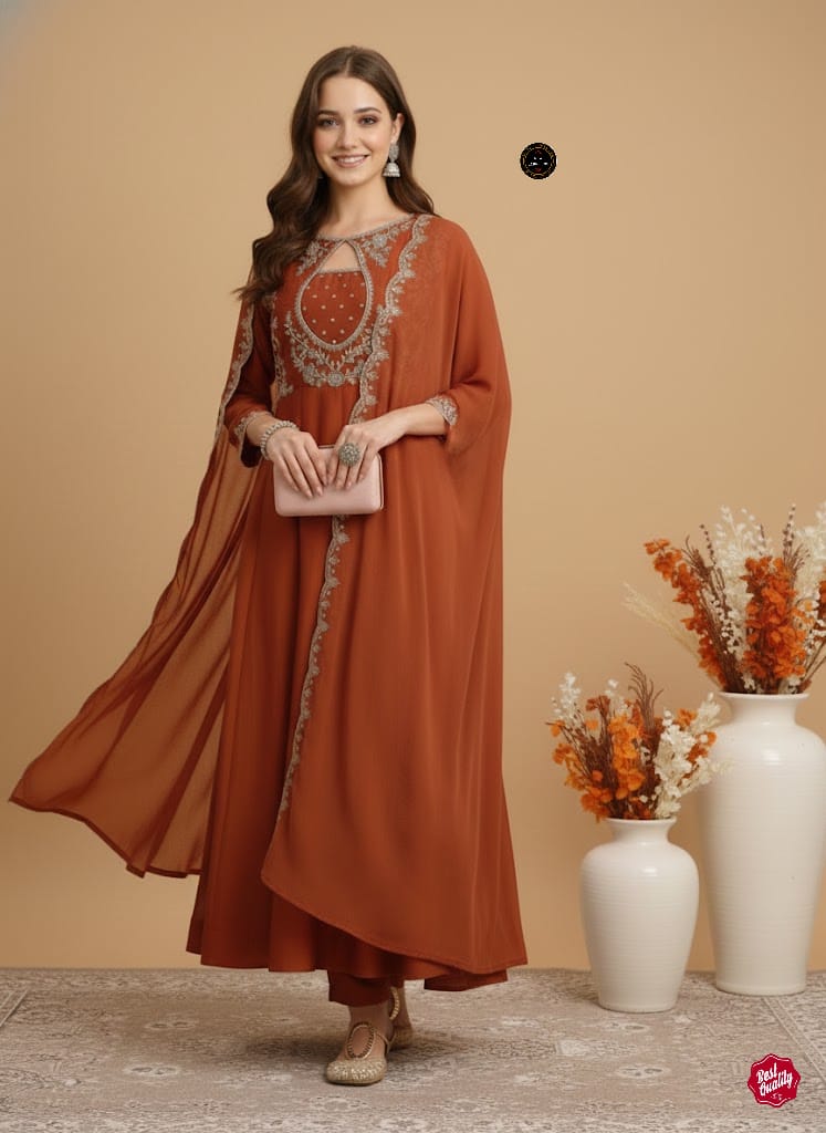 Orange Designer Embroidered Cape-Style Kurti