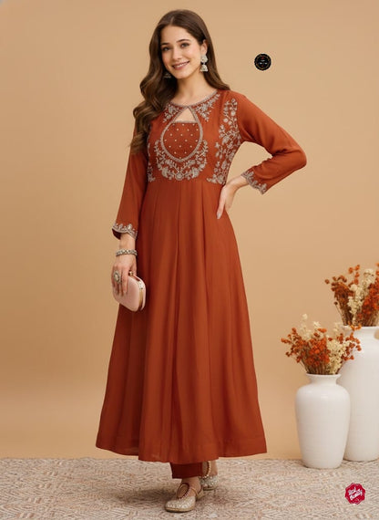 Orange Designer Embroidered Cape-Style Kurti