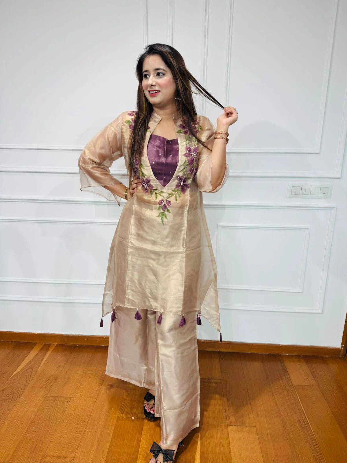 Cream Organza Floral Embroidered Kurti