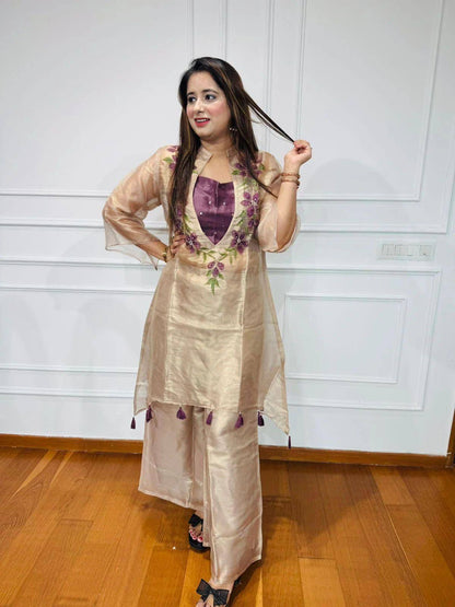 Cream Organza Floral Embroidered Kurti