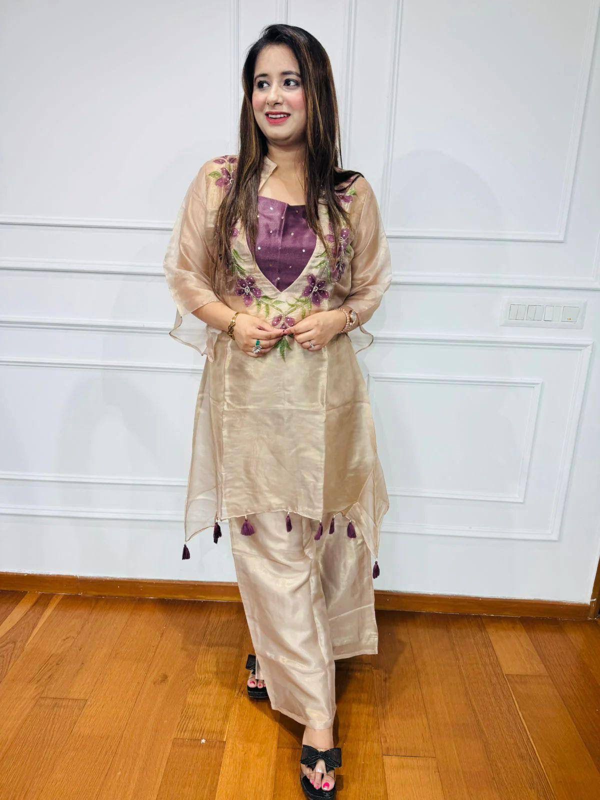 Cream Organza Floral Embroidered Kurti