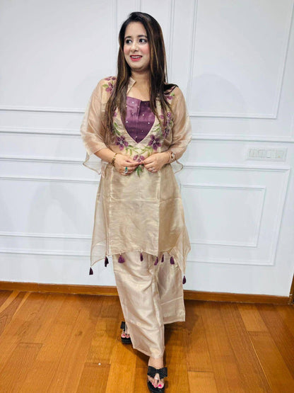 Cream Organza Floral Embroidered Kurti