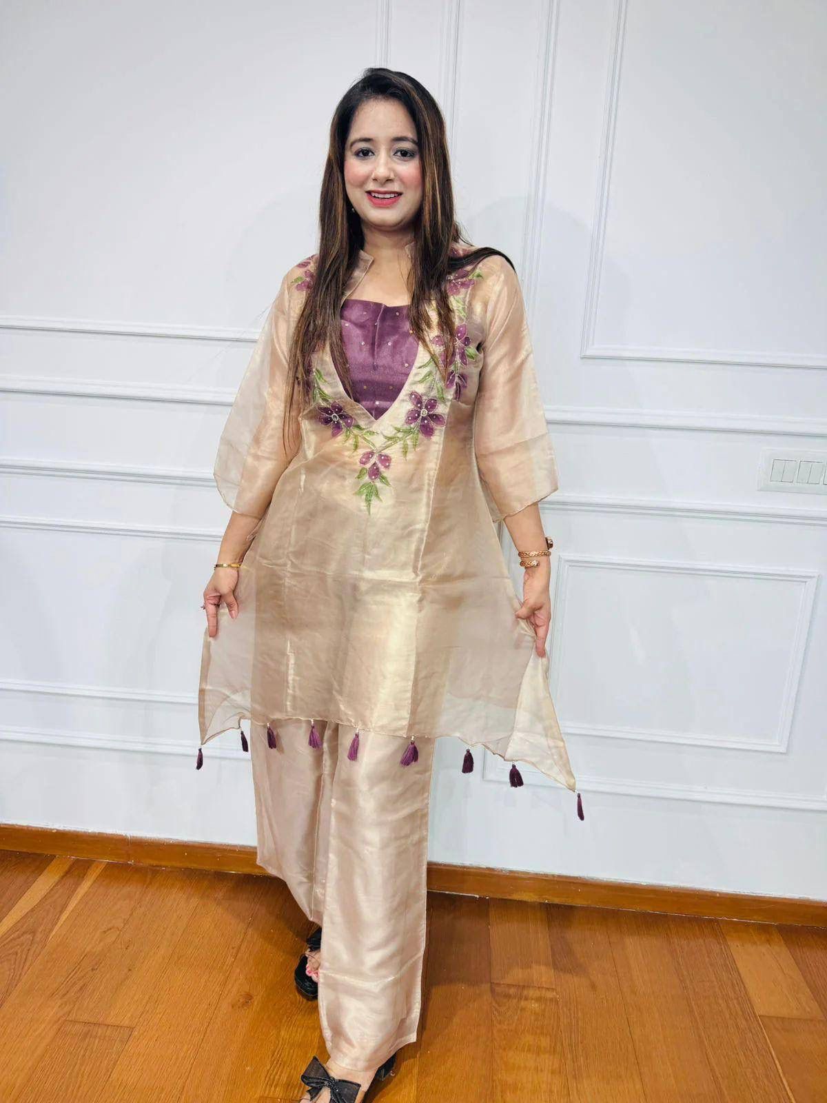 Cream Organza Floral Embroidered Kurti