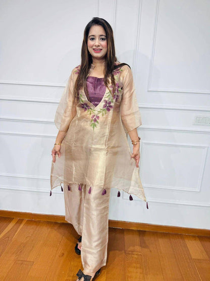 Cream Organza Floral Embroidered Kurti