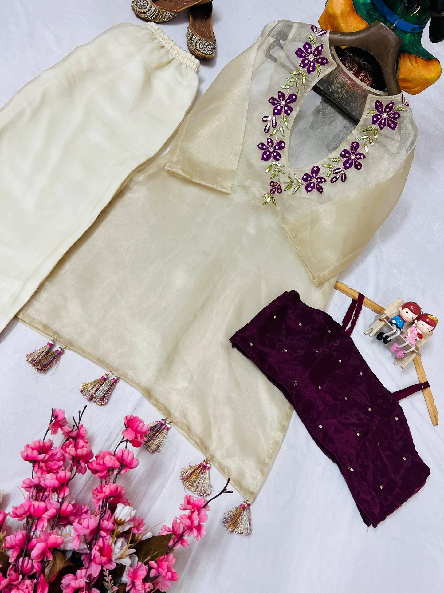 Cream Organza Floral Embroidered Kurti