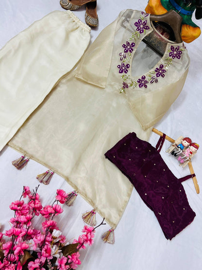 Cream Organza Floral Embroidered Kurti