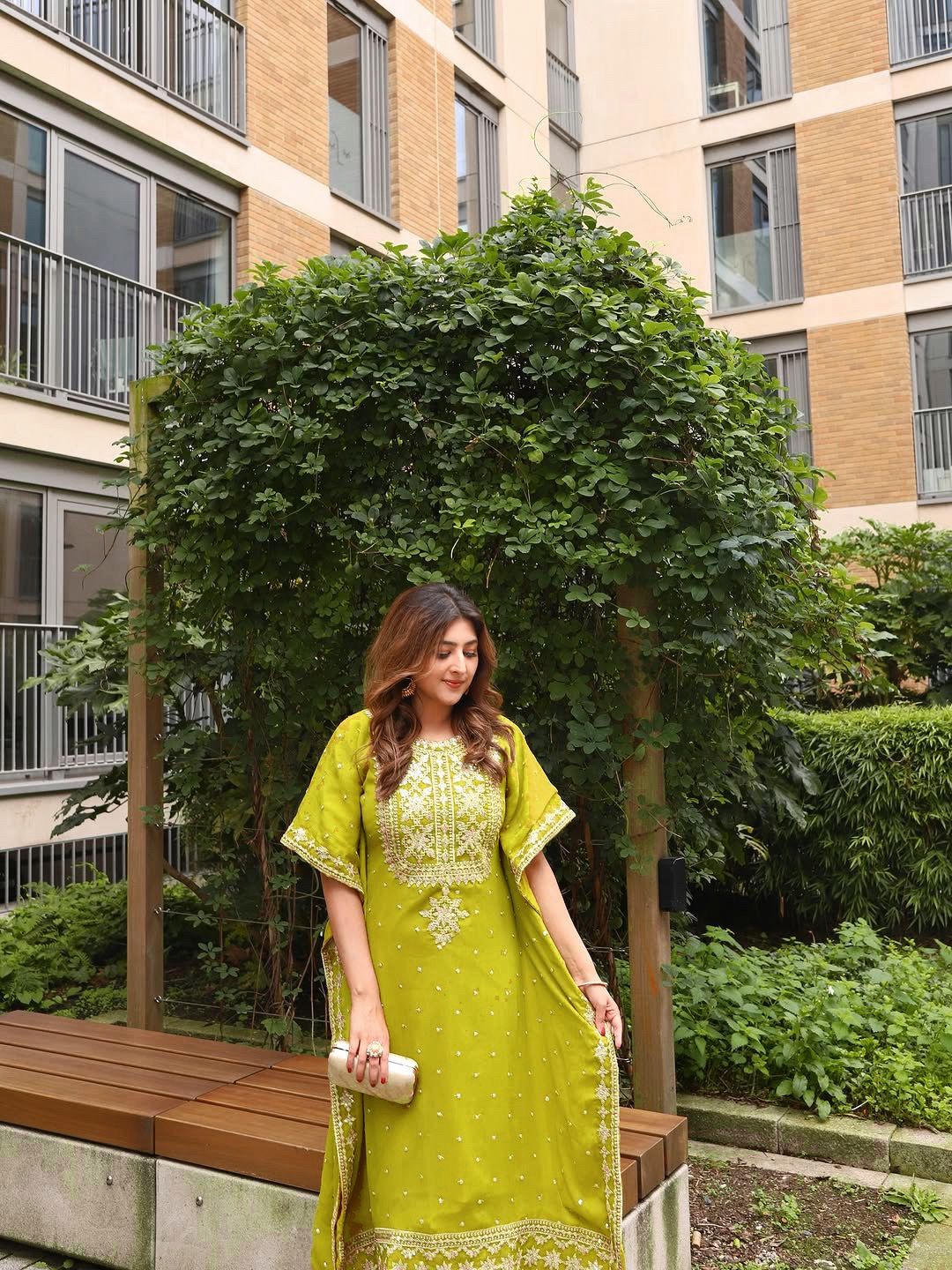 Lime Yellow Mirror-Work Georgette Straight Suit