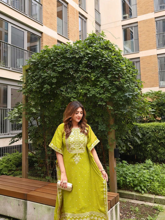 Lime Yellow Mirror-Work Georgette Straight Suit