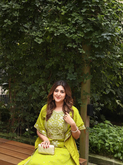 Lime Yellow Mirror-Work Georgette Straight Suit