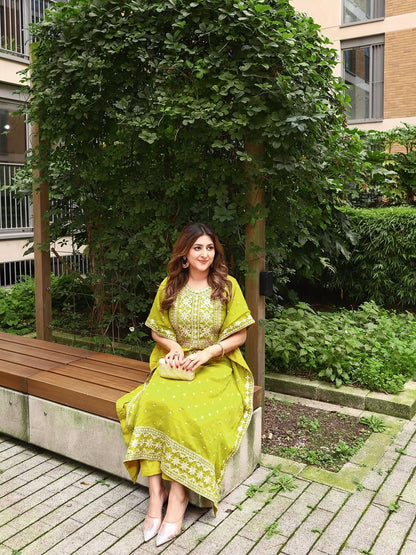 Lime Yellow Mirror-Work Georgette Straight Suit