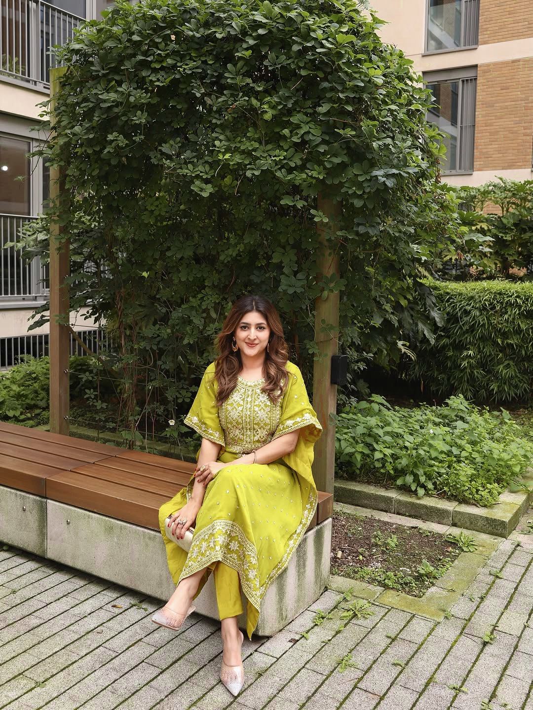 Lime Yellow Mirror-Work Georgette Straight Suit