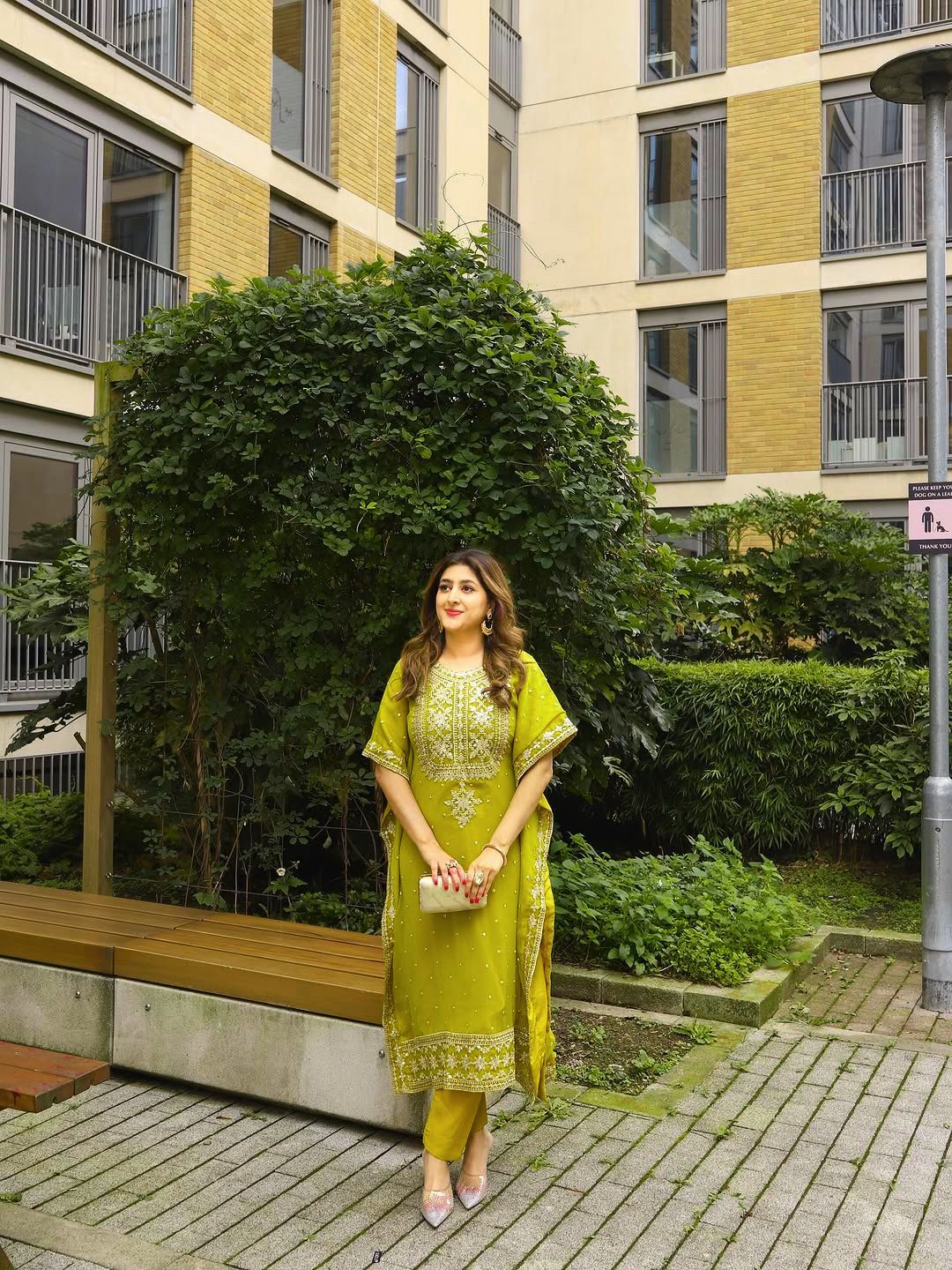 Lime Yellow Mirror-Work Georgette Straight Suit