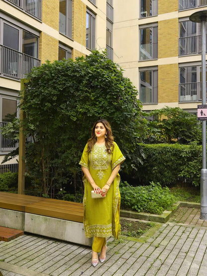 Lime Yellow Mirror-Work Georgette Straight Suit