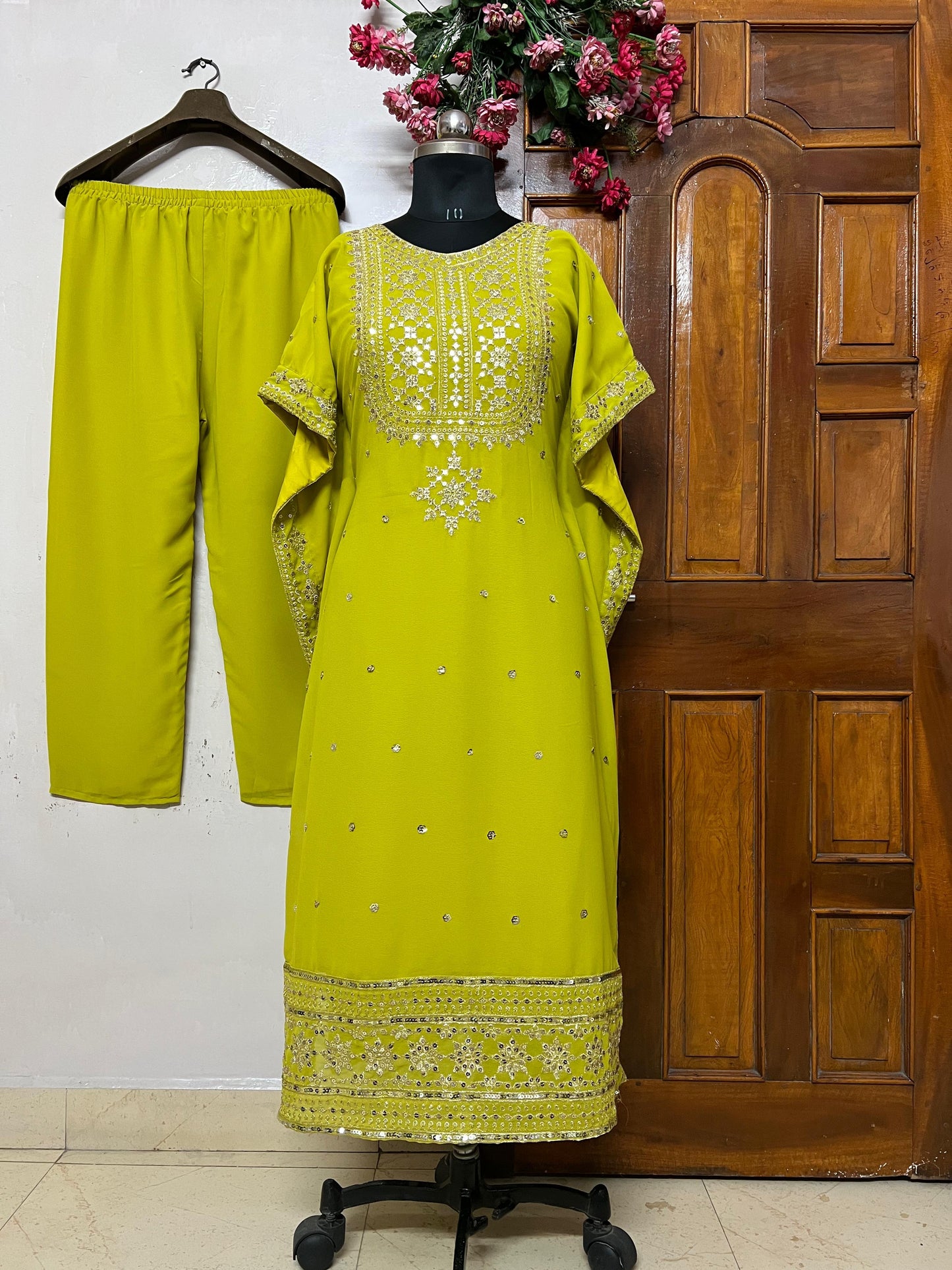 Lime Yellow Mirror-Work Georgette Straight Suit