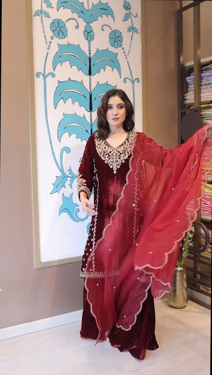 Maroon Premium Velvet Embroidered Sharara Suit