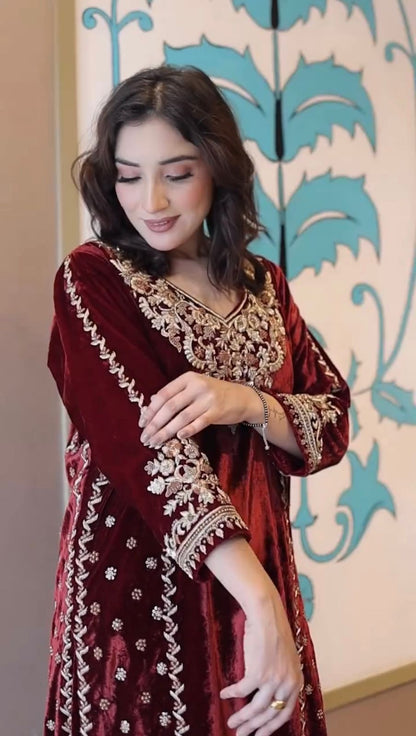 Maroon Premium Velvet Embroidered Sharara Suit