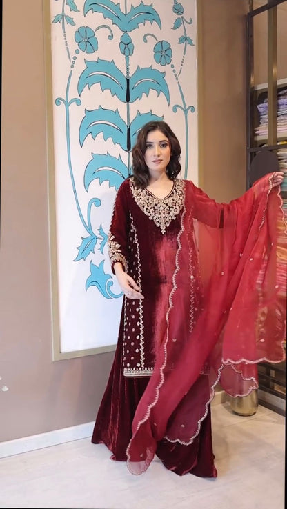 Maroon Premium Velvet Embroidered Sharara Suit