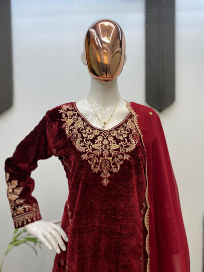 Maroon Premium Velvet Embroidered Sharara Suit