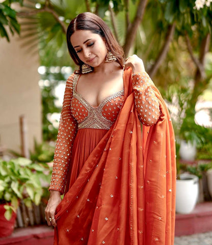 Orange Embellished Georgette Anarkali Gown
