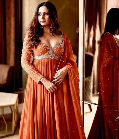 Orange Embellished Georgette Anarkali Gown