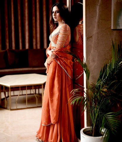 Orange Embellished Georgette Anarkali Gown