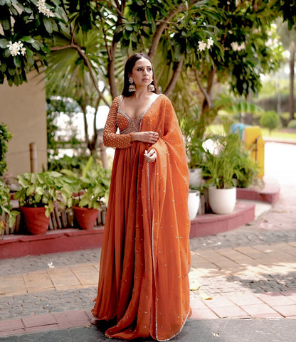 Orange Embellished Georgette Anarkali Gown