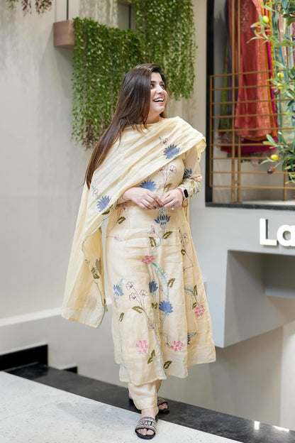 Cream Pure Viscose Chanderi Silk Kurta & Pant