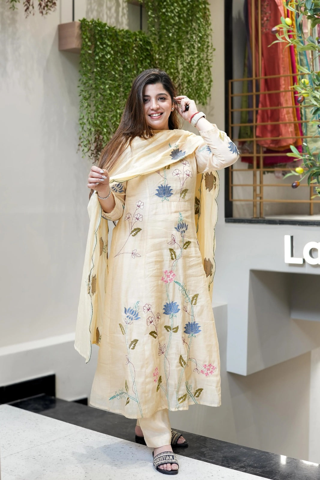 Cream Pure Viscose Chanderi Silk Kurta & Pant