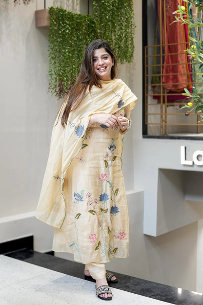 Cream Pure Viscose Chanderi Silk Kurta & Pant