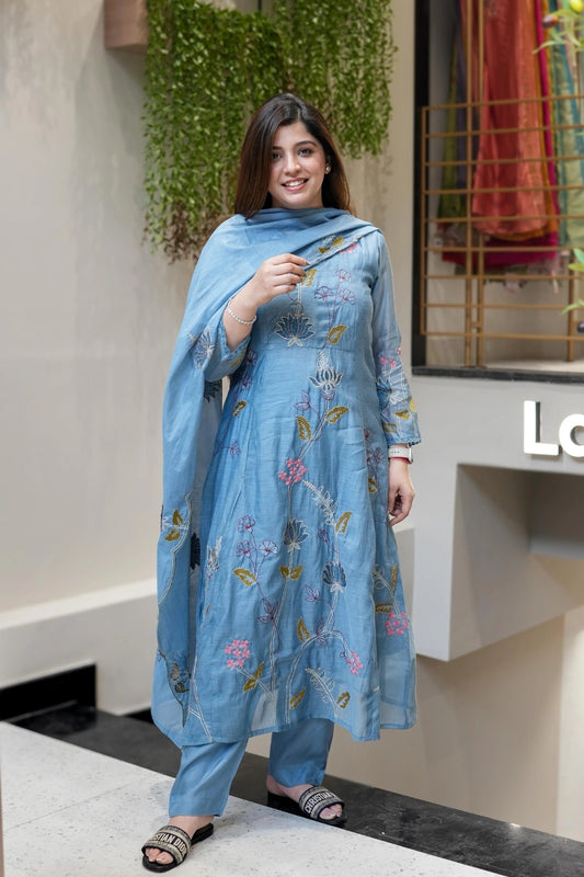 Blue Heavy Viscose Chanderi Silk Kurta