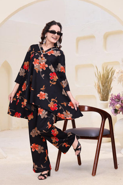Black Floral Printed A-Line Western Kurti