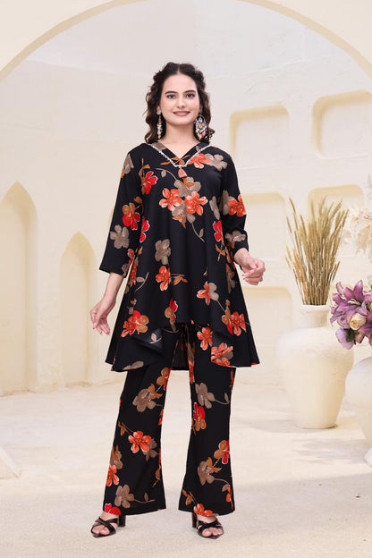 Black Floral Printed A-Line Western Kurti
