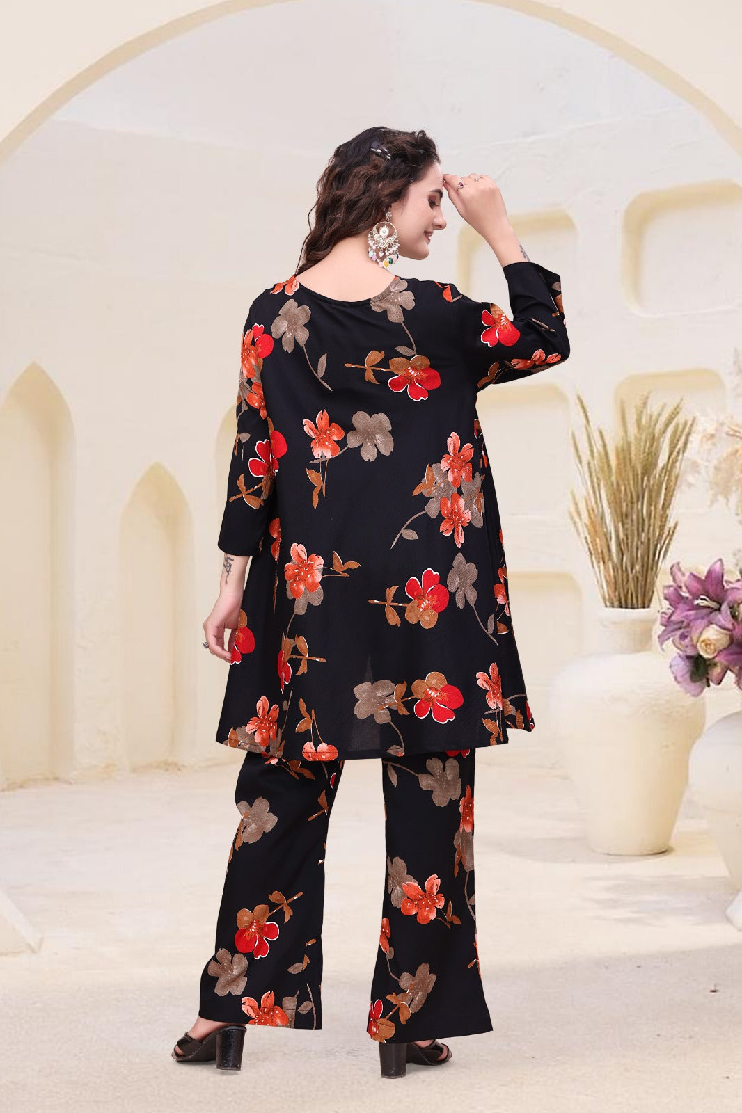 Black Floral Printed A-Line Western Kurti