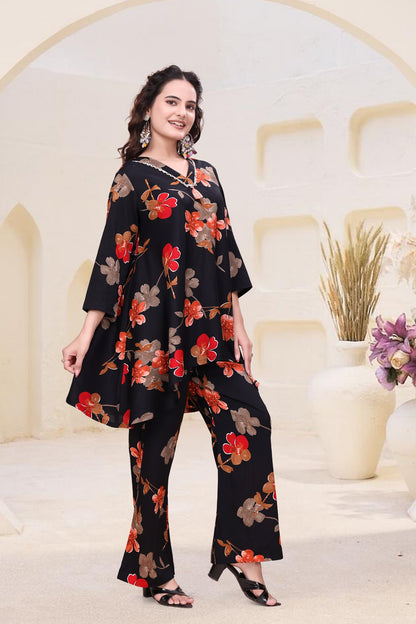 Black Floral Printed A-Line Western Kurti