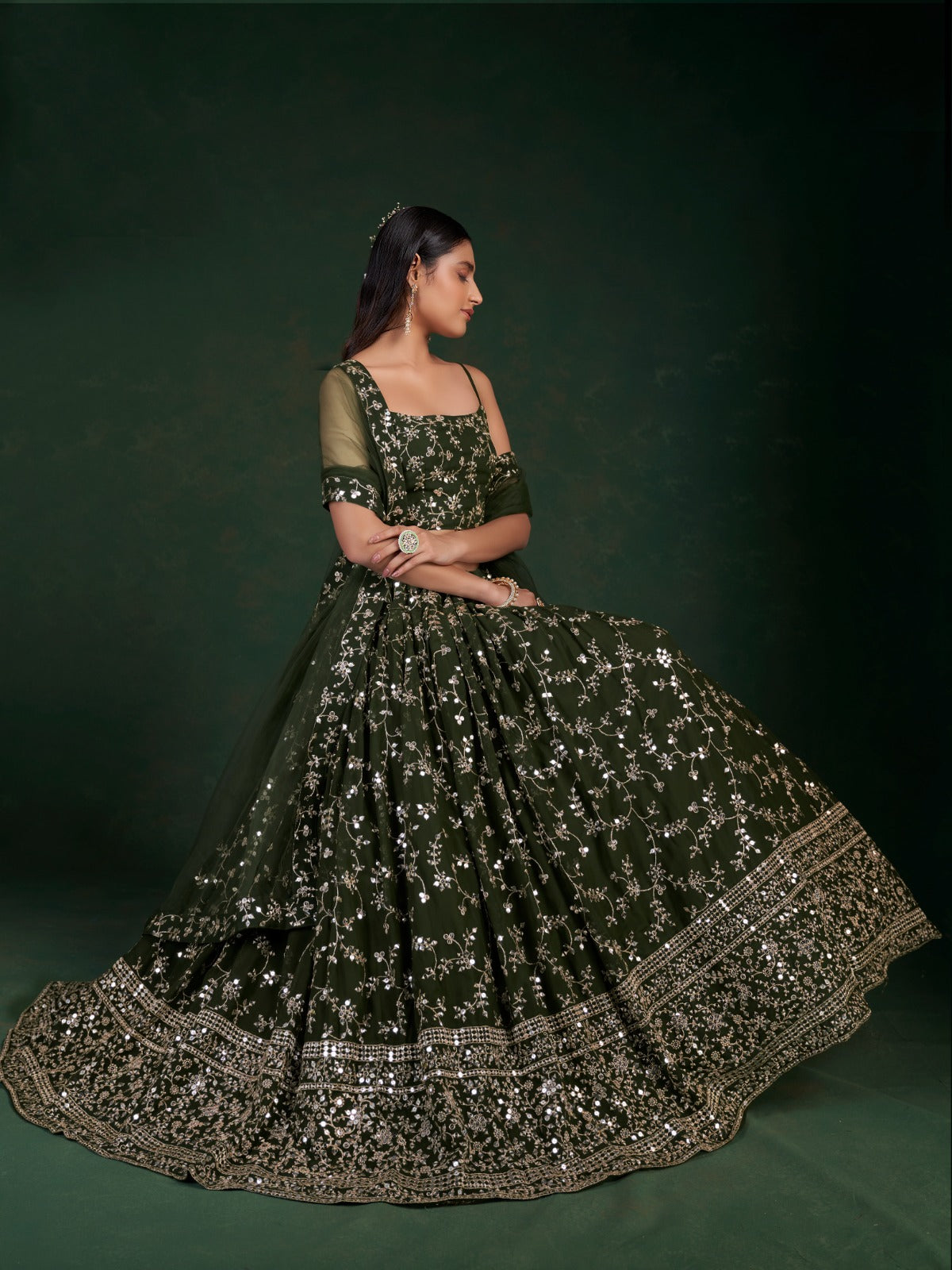 Dark Green Embellished Wedding Lehenga