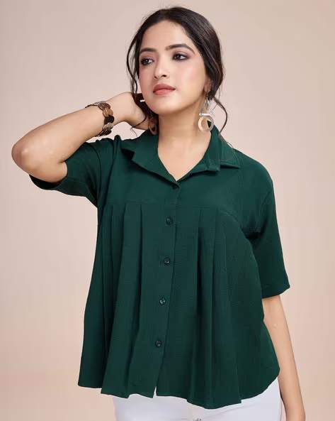 Dark Green Trendy Short Collar Pleated Shirt