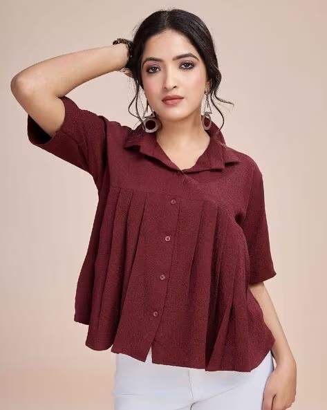 Maroon Casual Flare Button-Down Top