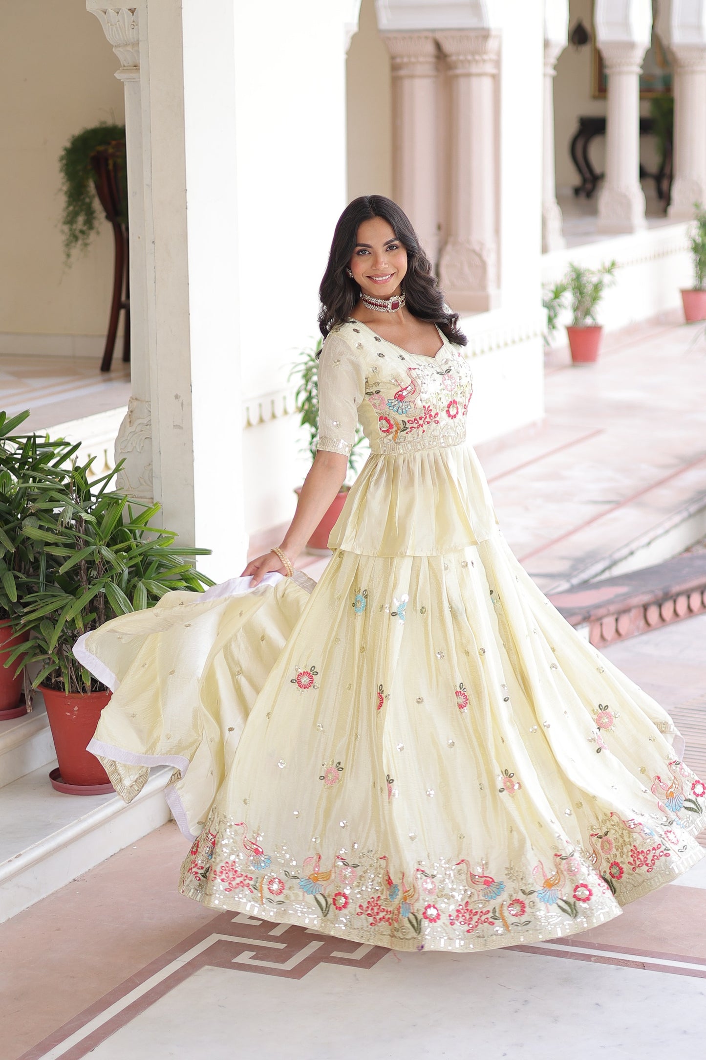Cream Embroidered Gold Crush Lehenga