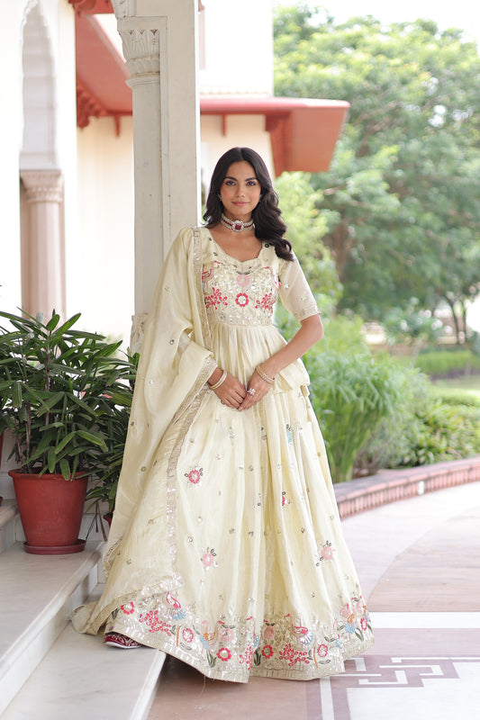Cream Embroidered Gold Crush Lehenga