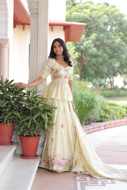 Cream Embroidered Gold Crush Lehenga