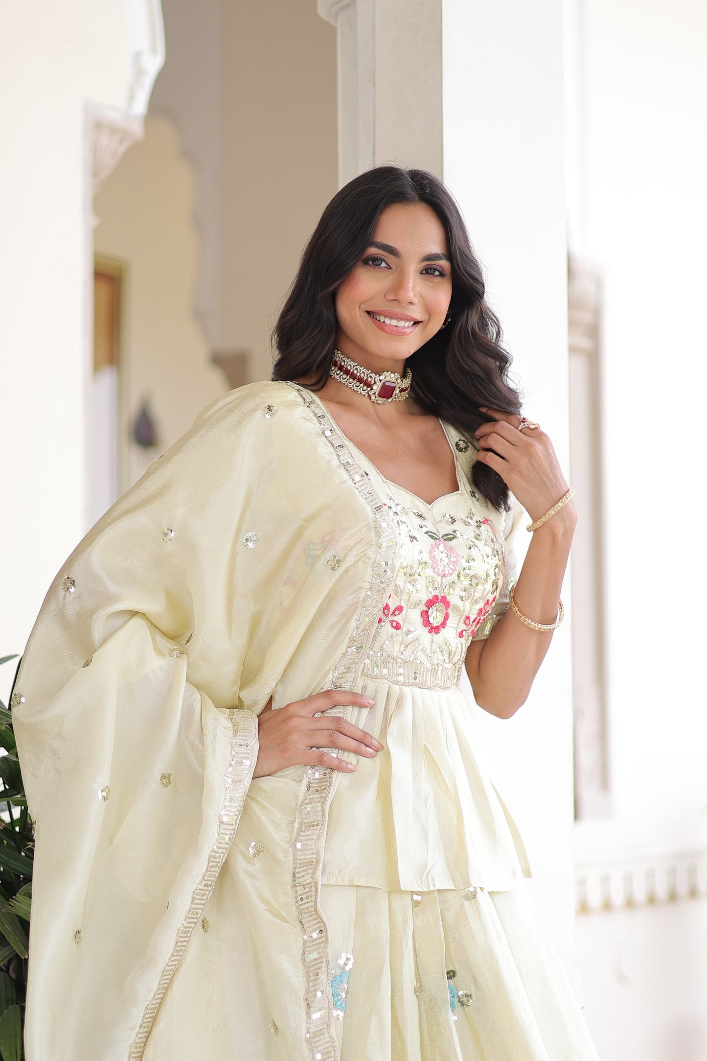 Cream Embroidered Gold Crush Lehenga