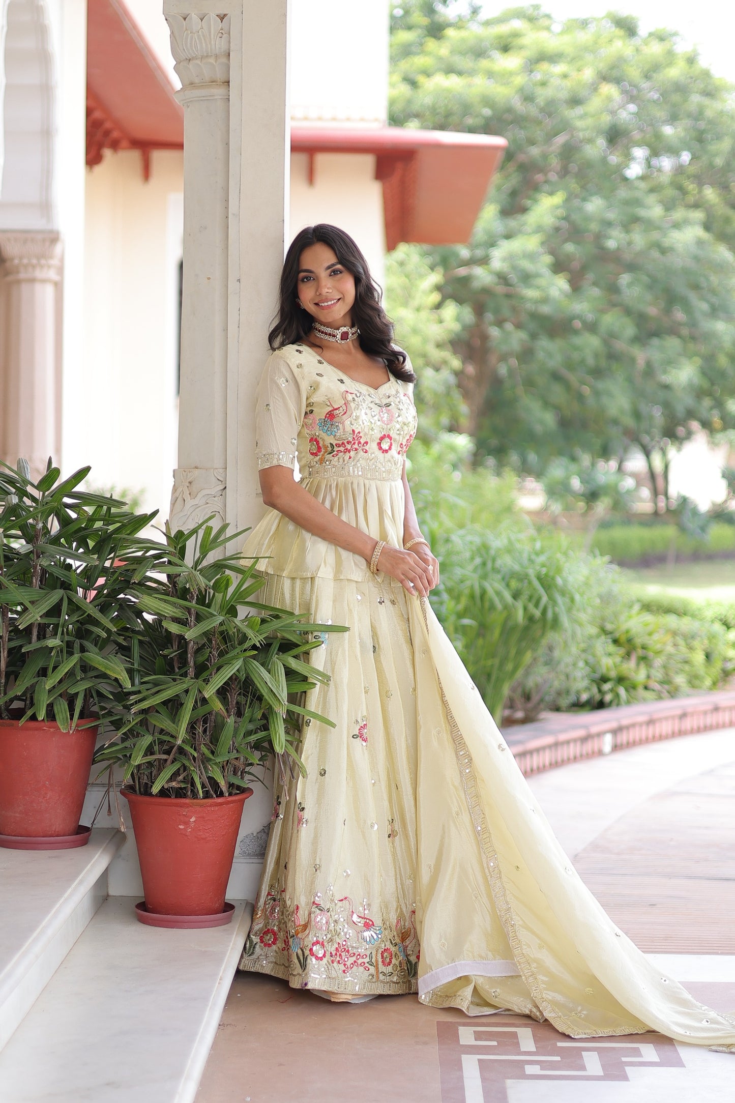 Cream Embroidered Gold Crush Lehenga