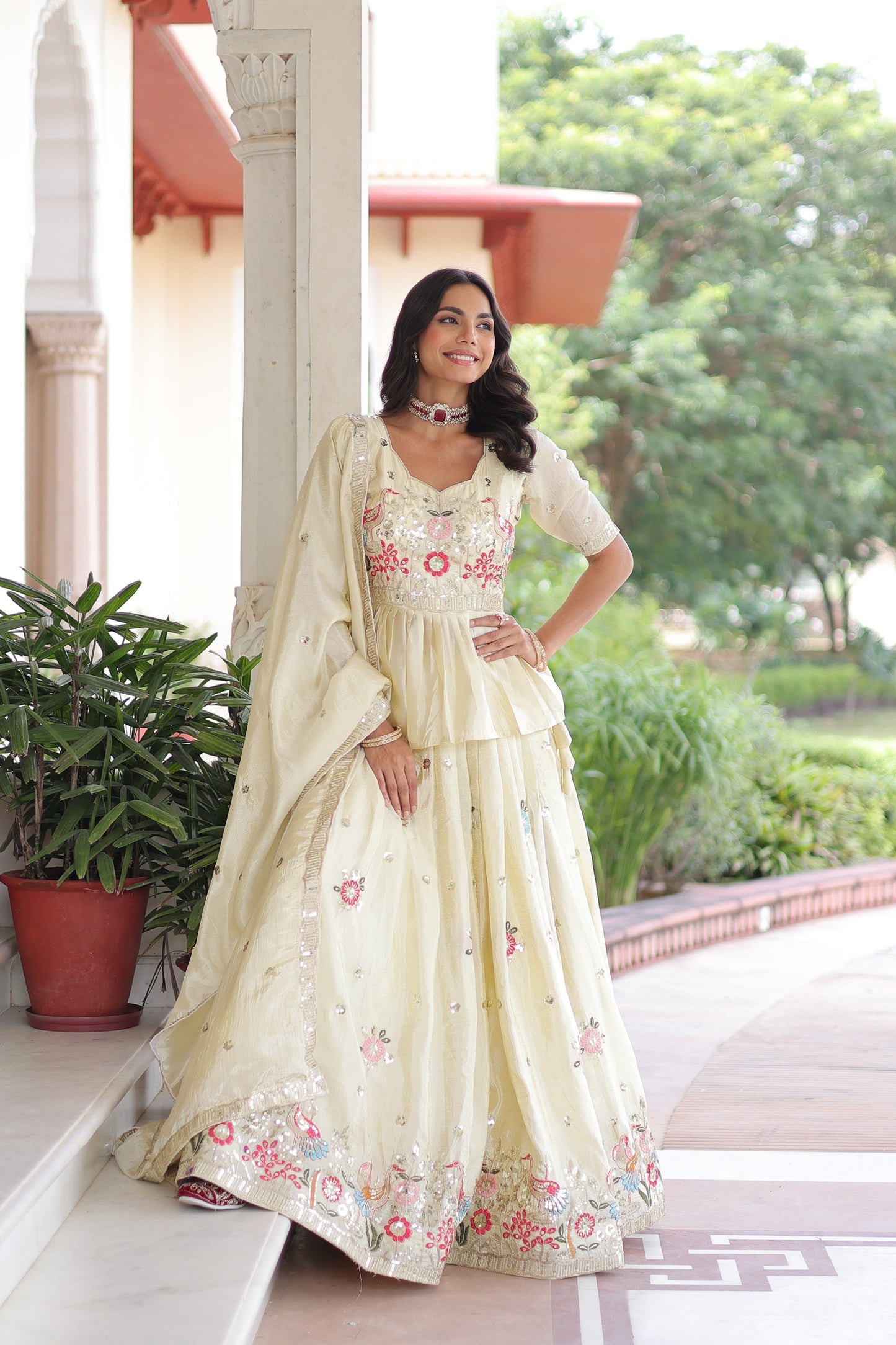 Cream Embroidered Gold Crush Lehenga